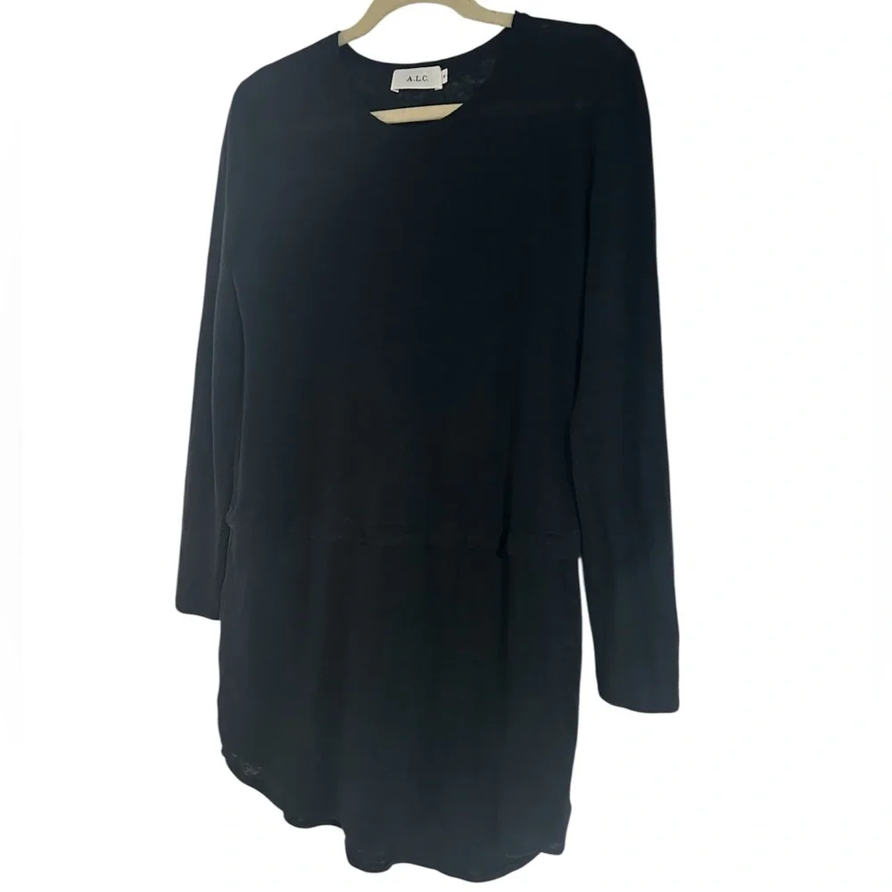 A.L.C. Black Linen Sheer Long Sleeve Dress XS Lined High Low Hem - Picture 2 of 7